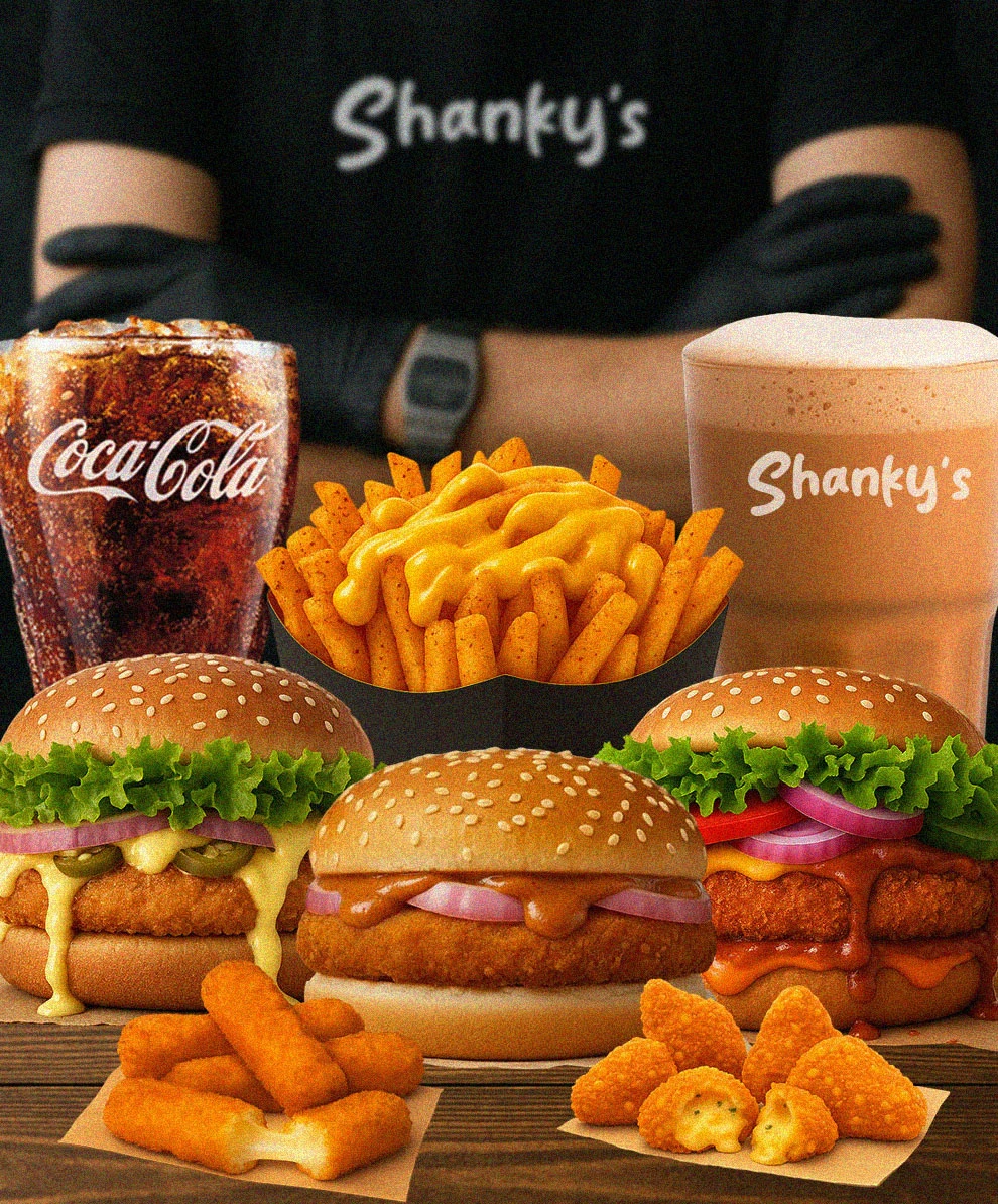 Shanky's delicious burgers with fresh ingredients and cheesy toppings